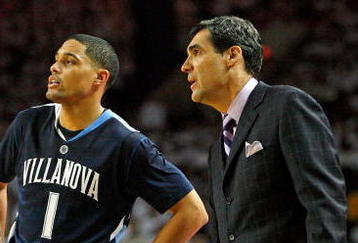 LOUISVILLE, KY - JANUARY 11: Scottie Reynolds #1 and Jay Wright the Head Coach of the Villanova Wildcats are pictured during the 92-84 win over the Louisville Cardinals during the Big East Conference game at Freedom Hall on January 11, 2010 in Louisville, Kentucky. (Photo by Andy Lyons/Getty Images)