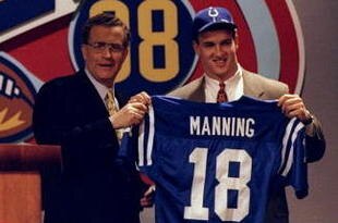 18 Apr 1998:  Quarterback Peyton Manning stands with NFL Commissioner Paul Tagliabue during the NFL draft at Madison Square Garden in New York City, New York. Mandatory Credit: Jamie Squire  /Allsport