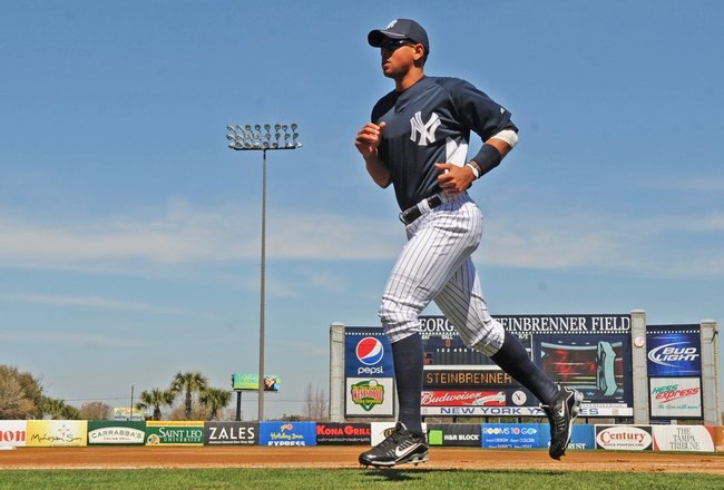 TAMPA, FL - MARCH 5: Infielder Alex Rodriguez #13 of the New York Yankees runs the dugout before play against the Tampa Bay Rays March 5, 2010 at the George M. Steinbrenner  Field in Tampa, Florida. (Photo by Al Messerschmidt/Getty Images) 