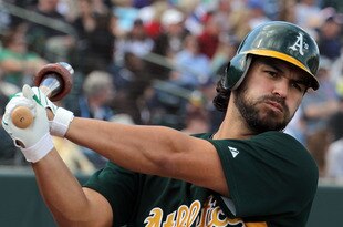 PHOENIX - MARCH 10:  Eric Chavez #3 of the Oakland Athletics warms up on deck during the MLB spring training game against the Chicago White Sox at Phoenix Municipal Stadium on March 10, 2010 in Phoenix, Arizona.  (Photo by Christian Petersen/Getty Images)