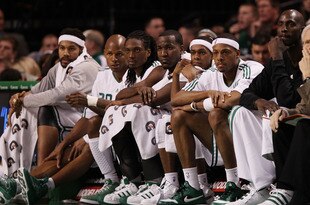 BOSTON - MARCH 10:  The Boston Celtics starters sit on the benchc late in the fourth quarter against the Memphis Grizzlies on March 10, 2010 at the TD Garden in Boston, Massachusetts. The Grizzlies defeated the Celtics 111-91. NOTE TO USER: User expressly acknowledges and agrees that, by downloading and or using this photograph, User is consenting to the terms and conditions of the Getty Images License Agreement.  (Photo by Elsa/Getty Images)