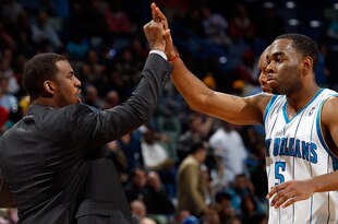 NEW ORLEANS - MARCH 08:  Chris Paul #3 and Marcus Thornton #5 of the New Orleans Hornets celebrate during the game against the Golden State Warriors at New Orleans Arena on March 8, 2010 in New Orleans, Louisiana.  The Hornets defeated the Warriors 135-131.  NOTE TO USER: User expressly acknowledges and agrees that, by downloading and/or using this Photograph, User is consenting to the terms and conditions of the Getty Images License Agreement.  (Photo by Chris Graythen/Getty Images)