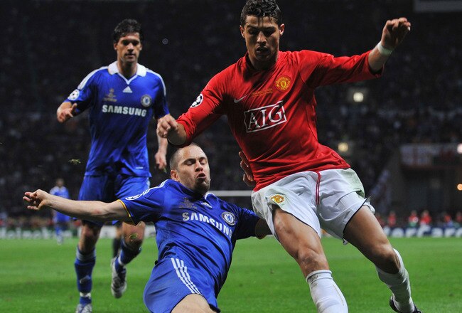 MOSCOW - MAY 21:  Cristiano Ronaldo of Manchester United is tackled by Joe Cole of Chelsea during the UEFA Champions League Final match between Manchester United and Chelsea at the Luzhniki Stadium on May 21, 2008 in Moscow, Russia.  (Photo by Shaun Botterill/Getty Images)