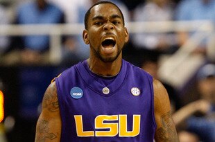 GREENSBORO, NC - MARCH 21:  Marcus Thornton #5 of the Louisiana State University Tigers reacts after a basket against the North Carolina Tar Heels during the second round of the NCAA Division I Men's Basketball Tournament at the Greensboro Coliseum on March 21, 2009 in Greensboro, North Carolina.  (Photo by Streeter Lecka/Getty Images)