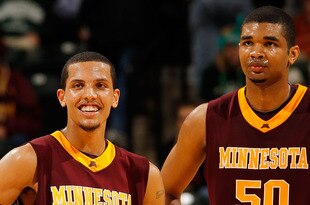 INDIANAPOLIS - MARCH 12:  Guard Devoe Joseph #5 and Ralph Sampson III #50 of the Minnesota Golden Gophers react after defeating the Michigan State Spartans 72-67 in overtime of the quarterfinals in the Big Ten Men's Basketball Tournament at Conseco Fieldhouse on March 12, 2010 in Indianapolis, Indiana.  (Photo by Jonathan Daniel/Getty Images)