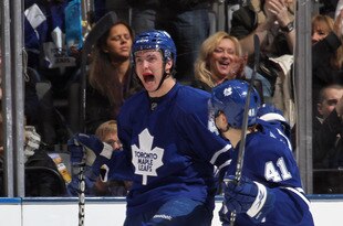 TORONTO, ON MARCH 13:  Tyler Bozak #42 of the Toronto Maple Leafs celebrates after scoring a goal in a game against the Edmonton Oilers on March 13, 2010 at the Air Canada Centre in Toronto, Ontario. (Photo by Claus Andersen/Getty Images)
