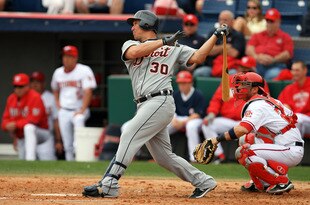 VIERA, FL - MARCH 09:  Right fielder Magglio Ordonez #30 of the Detroit Tigers hits a three-run home run against the Washington Nationals at Space Coast Stadium on March 9, 2010 in Viera, Florida.  (Photo by Doug Benc/Getty Images)