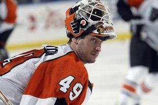 BUFFALO, NY - MARCH 5:  Michael Leighton #49 of the Philadelphia Flyers looks on before the game against the Buffalo Sabres at HSBC Arena on March 5, 2010 in Buffalo, New York. (Photo by Rick Stewart/Getty Images)