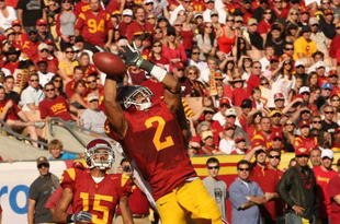 LOS ANGELES - NOVEMBER 14:  Safety Taylor Mays #2 ofthe USC Trojans breaks up a pass in the end zone on the final play of the first half aganst the Stanford Cardinal on November 14, 2009 at the Los Angeles Coliseum in Los Angeles, California.  Stanford won 55-21.   (Photo by Stephen Dunn/Getty Images)
