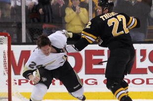 BOSTON - MARCH 18:  Shawn Thornton #22 of the Boston Bruins fights with Matt Cooke #24 of the Pittsburgh Penguins at the TD Garden on March 18, 2010 in Boston, Massachusetts. The Penguins defeated the Bruins 3-0.  (Photo by Bruce Bennett/Getty Images)