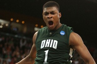 PROVIDENCE, RI - MARCH 18:  DeVaughn Washington #1 of the Ohio Bobcats celebrates his dunk in the second half against the Georgetown Hoyas during the first round of the 2010 NCAA men's basketball tournament on March 18, 2010 at the Dunkin Donuts Arena in Providence, Rhode Island. Ohio defeated Georgetown 97-83.  (Photo by Elsa/Getty Images)
