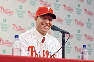 PHILADELPHIA - DECEMBER 16: Pitcher Roy Halladay answers questions from the media after signing with the Philadelphia Phillies on December 16, 2009 at Citizens Bank Park in Philadelphia, Pennsylvania. (Photo by Drew Hallowell/Getty Images)