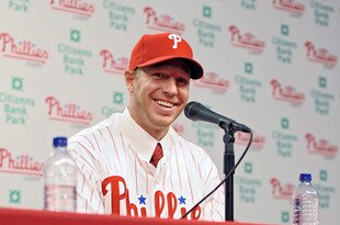 PHILADELPHIA - DECEMBER 16: Pitcher Roy Halladay answers questions from the media after signing with the Philadelphia Phillies on December 16, 2009 at Citizens Bank Park in Philadelphia, Pennsylvania. (Photo by Drew Hallowell/Getty Images)