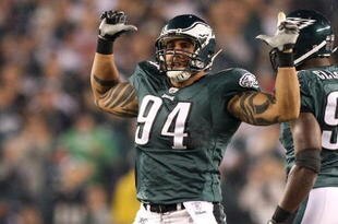 PHILADELPHIA - NOVEMBER 08:  Jason Babin #94 of the Philadelphia Eagles celebrate after he sacked quarterback Tony Romo #9 of the Dallas Cowboys in the second quarter at Lincoln Financial Field on November 8, 2009 in Philadelphia, Pennsylvania.  (Photo by Al Bello/Getty Images)