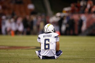 SAN FRANCISCO - AUGUST 29: Quarterback Charlie Whitehurst #6 of the San Diego Chargers sits dejectedly after his pass was dropped during a preseason game against the San Francisco 49ers on August 29, 2008 at Candlestick Park in San Francisco, California. (Photo by Greg Trott/Getty Images)
