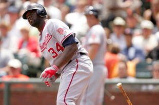SAN FRANCISCO - MAY 13:  Elijah Dukes #34 of the Washington Nationals bats against the San Francisco Giants at AT&T Park on May 13, 2009 in San Francisco, California.  (Photo by Ezra Shaw/Getty Images)