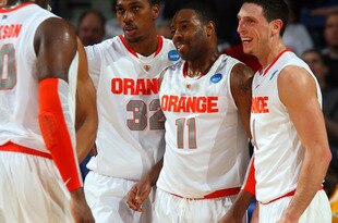 BUFFALO, NY - MARCH 19:  Rick Jackson #0, Kris Joseph #32, Scoop Jardine #11 and  Andy Rautins #1 of the Syracuse Orange react after a play against the Vermont Catamounts during the first round of the 2010 NCAA men's basketball tournament at HSBC Arena on March 19, 2010 in Buffalo, New York.  (Photo by Rick Stewart/Getty Images)