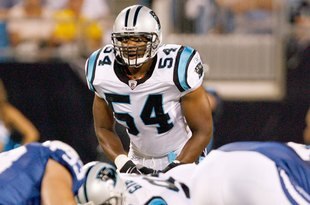 CHARLOTTE, NC - AUGUST 09:  Landon Johnson #54 of the Carolina Panthers stands ready for the snap during the game against the Indianapolis Colts at Bank of America Stadium on August, 9, 2008 in Charlotte, North Carolina.  (Photo by: Kevin C. Cox/Getty Images)