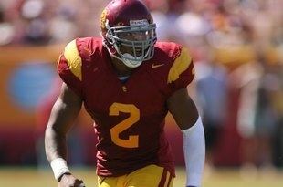 LOS ANGELES, CA - SEPTEMBER 5:  Taylor Mays #2 of the USC Trojans eyes the play against the San Jose State Spartans on September 5, 2009 at the Los Angeles Memorial Coliseum in Los Angeles, California.  USC won 56-3.  (Photo by Jeff Golden/Getty Images)