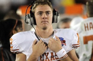 PASADENA, CA - JANUARY 07:  Quarterback Colt McCoy #12 of the Texas Longhorns looks on during the sideline in the fourth quarter against the Alabama Crimson Tide in the Citi BCS National Championship game at the Rose Bowl on January 7, 2010 in Pasadena, California.  McCoy left the game in the first quarter due to injury.  (Photo by Harry How/Getty Images)
