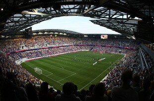 HARRISON, NJ - MARCH 20:  A general view of the field as the New York Red Bulls play the Santos FC stand during the National Anthem on March 20, 2010 at Red Bull Arena in Harrison, New Jersey.  (Photo by Mike Stobe/Getty Images for New York Red Bulls)
