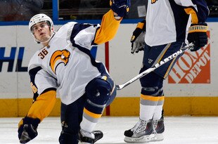 ATLANTA - JANUARY 14:  Steve Montador #4 watches as Patrick Kaleta #36 of the Buffalo Sabres celebrates after scoring a goal against the Atlanta Thrashers at Philips Arena on January 14, 2010 in Atlanta, Georgia.  (Photo by Kevin C. Cox/Getty Images)