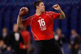 INDIANAPOLIS, IN - FEBRUARY 28: Quarterback John Skelton of Fordham passes the football during the NFL Scouting Combine presented by Under Armour at Lucas Oil Stadium on February 28, 2010 in Indianapolis, Indiana. (Photo by Scott Boehm/Getty Images)