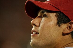 FORT LAUDERDALE, FL - OCTOBER 03: Injured quarterback Sam Bradford #14 of the Oklahoma Sooners looks up to the scoreboard late in the game against the Miami Hurricanes at Land Shark Stadium on October 3, 2009 in Fort Lauderdale, Florida. Miami defeated Oklahoma 21-20. (Photo by Doug Benc/Getty Images)