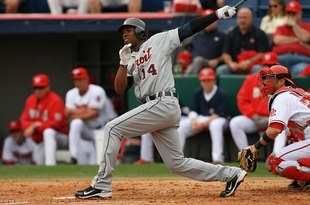 VIERA, FL - MARCH 09:  Centerfielder Austin Jackson #14 of the Detroit Tigers drives a single to left field against the Washington Nationals at Space Coast Stadium on March 9, 2010 in Viera, Florida.  (Photo by Doug Benc/Getty Images)
