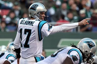 EAST RUTHERFORD, NJ - NOVEMBER 29:  Jake Delhomme #17 of the Carolina Panthers calls a play against the New York Jets on November 29, 2009 at Giants Stadium in East Rutherford, New Jersey. The Jets defeated the Panthers 17-6.  (Photo by Jim McIsaac/Getty Images)