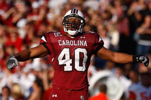 COLUMBIA, SC - NOVEMBER 28:  Eric Norwood #40 of the South Carolina Gamecocks celebrates a second half play against the Clemson Tigers at Williams-Brice Stadium on November 28, 2009 in Columbia, South Carolina.  (Photo by Scott Halleran/Getty Images)