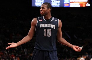 NEW YORK - MARCH 13: Greg Monroe #10 of the Georgetown Hoyas reacts after a play against the West Virginia Mountaineers during the championship of the 2010 NCAA Big East Tournament at Madison Square Garden on March 13, 2010 in New York City.  (Photo by Jim McIsaac/Getty Images)