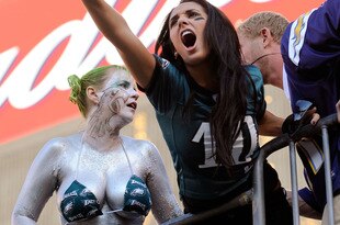 SAN DIEGO - NOVEMBER 15:  Fans of the Philadelphia Eagles cheer for their team against the San Diego Chargers during the NFL football game at Qualcomm Stadium on November 15, 2009 in San Diego, California.  (Photo by Kevork Djansezian/Getty Images)