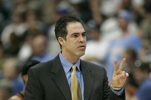 DENVER - APRIL 19:  Head coach Kevin Pritchard of the Denver Nuggets reacts during the game against the Portland Trail Blazers on April 19, 2005 at the Pepsi Center in Denver, Colorado.   The Nuggets won 119-115. NOTE TO USER: User expressly acknowledges and agrees that, by downloading and/or using this Photograph, User is consenting to the terms and conditions of the Getty Images License Agreement.(Photo by: Brian Bahr/Getty Images)