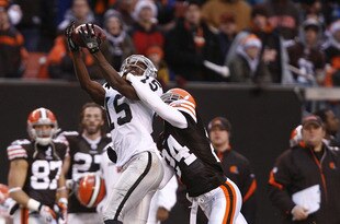 CLEVELAND - DECEMBER 27:  Johnnie Lee Higgins #15 of the Oakland Raiders makes a catch over Eric Wright #24 of the Cleveland Browns at Cleveland Browns Stadium on December 27, 2009 in Cleveland, Ohio.  (Photo by Matt Sullivan/Getty Images)