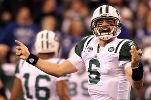 INDIANAPOLIS - JANUARY 24:  Quarterback Mark Sanchez #6 of the New York Jets reacts in the first half against the Indianapolis Colts during the AFC Championship Game at Lucas Oil Stadium on January 24, 2010 in Indianapolis, Indiana.  (Photo by Elsa/Getty Images)