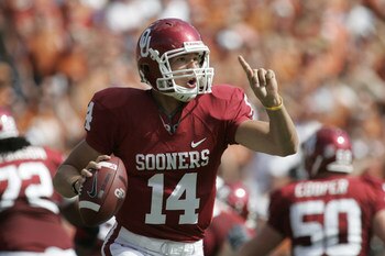 11 October 2008: Oklahoma Sooner quarterback Sam Bradford (14) looks to throw a pass during the University of Texas Longhorns 45-35 win over the University of Oklahoma Sooners during the Red River Rivalry at the newly renovated Cotton Bowl Stadium in Dall