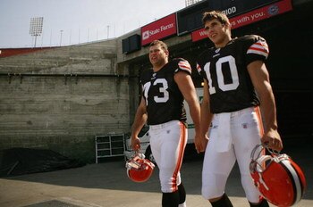 LOS ANGELES, CA - MAY 19: (R-L) Quarterback, Brady Quinn #10 of the Cleveland Browns walks to the field with team mate, offensive tackle, Joe Thomas #73 at the 2007 NFL Players Rookie Premiere on May 19, 2007 at the Los Angeles Memorial Coliseum in Los An