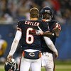 CHICAGO - SEPTEMBER 20: Charles Tillman #33 of the Chicago Bears hugs teammate Jay Cutler #6 after a win over the Pittsburgh Steelers on September 20, 2009 at Soldier Field in Chicago, Illinois. The Bears defeated the Steelers 17-14. (Photo by Jonathan Da