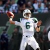 EAST RUTHERFORD, NJ - SEPTEMBER 20:  Mark Sanchez #6 of the New York Jets throws a pass against the New England Patriots at Giants Stadium on September 20, 2009 in East Rutherford, New Jersey.  (Photo by Nick Laham/Getty Images)