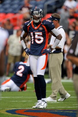 DENVER - SEPTEMBER 20:  Brandon Marshall #15 of the Denver Broncos warms up prior to facing the Cleveland Browns during NFL action at Invesco Field at Mile High on September 20, 2009 in Denver, Colorado. The Broncos defeated the Browns 27-6.  (Photo by Do