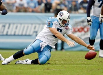 NASHVILLE, TN - SEPTEMBER 20:  Kerry Collins #5 of the Tennessee Titans fumbles the ball to end the Titans final drive during the NFL game against the Houston Texans at LP Field on September 20, 2009 in Nashville, Tennessee. The Texans won 34-31.  (Photo 