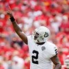 KANSAS CITY, MO - SEPTEMBER 20:  Quarterback JaMarcus Russell #2 of the Oakland Raiders celebrates after handing off for a touchdown in the final minutes of the 4th quarter during the Raiders' 13-10 victory over the Kansas City Chiefs during the game at A
