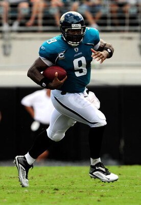 JACKSONVILLE, FL - SEPTEMBER 20:  David Garrard #9 of the Jacksonville Jaguars runs during the game against the Arizona Cardinals at Jacksonville Municipal Stadium on September 20, 2009 in Jacksonville, Florida.  (Photo by Sam Greenwood/Getty Images)