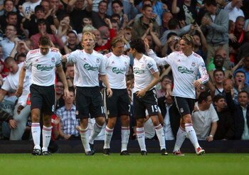 LONDON, ENGLAND - SEPTEMBER 19:  Liverpool players celebrate after Dirk Kuyt of Liverpool scored the second goal during the Barclays Premier League match between West Ham United and Liverpool at Upton Park on September 19, 2009 in London, England.  (Photo