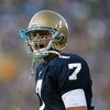 SOUTH BEND, IN - SEPTEMBER 19: Jimmy Clausen #7 of the Notre Dame Fighting Irish celebrates a touchdown pass against the Michigan State Spartans on September 19, 2009 at Notre Dame Stadium in South Bend, Indiana. Notre Dame defeated Michigan State 33-30. 