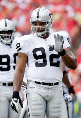 KANSAS CITY, MO - SEPTEMBER 20:  Defensive end Richard Seymour #92 of the Oakland Raiders gestures toward the sidelines during a timeout during the game against the Kansas City Chiefs at Arrowhead Stadium on September 20, 2009 in Kansas City, Missouri.  (