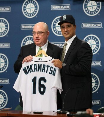 SEATTLE - NOVEMBER 19:  General Manager Jack Zduriencik (L) of the Seattle Mariners introduces new manager Don Wakamatsu to the media at Safeco Field November 19, 2008 in Seattle, Washington. (Photo by Otto Greule Jr/Getty Images)