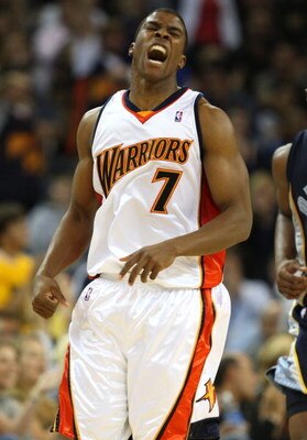 OAKLAND, CA - NOVEMBER 07:  Kelenna Azubuike #7 of the Golden State Warriors reacts after hitting a shot against the Memphis Grizzlies during an NBA game on November 7, 2008 at Oracle Arena in Oakland, California. NOTE TO USER: User expressly acknowledges