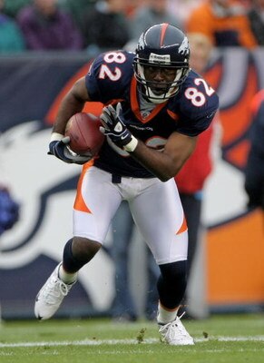 DENVER - OCTOBER 12:  Wide receiver Darrell Jackson #82 of the Denver Broncos makes a reception against the Jacksonville Jaguars during NFL action at Invesco Field at Mile High on October 12, 2008 in Denver, Colorado. The Jaguars defeated the Broncos 24-1